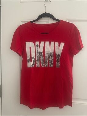 DKNY Red Logo Graphic Tee with Cityscape Fill